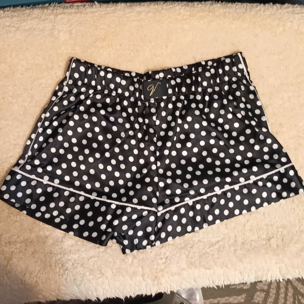 NWT ~ Victoria's Secret Black Satin Sleep Shorts w/ White Polka Dots (Size:  XS)